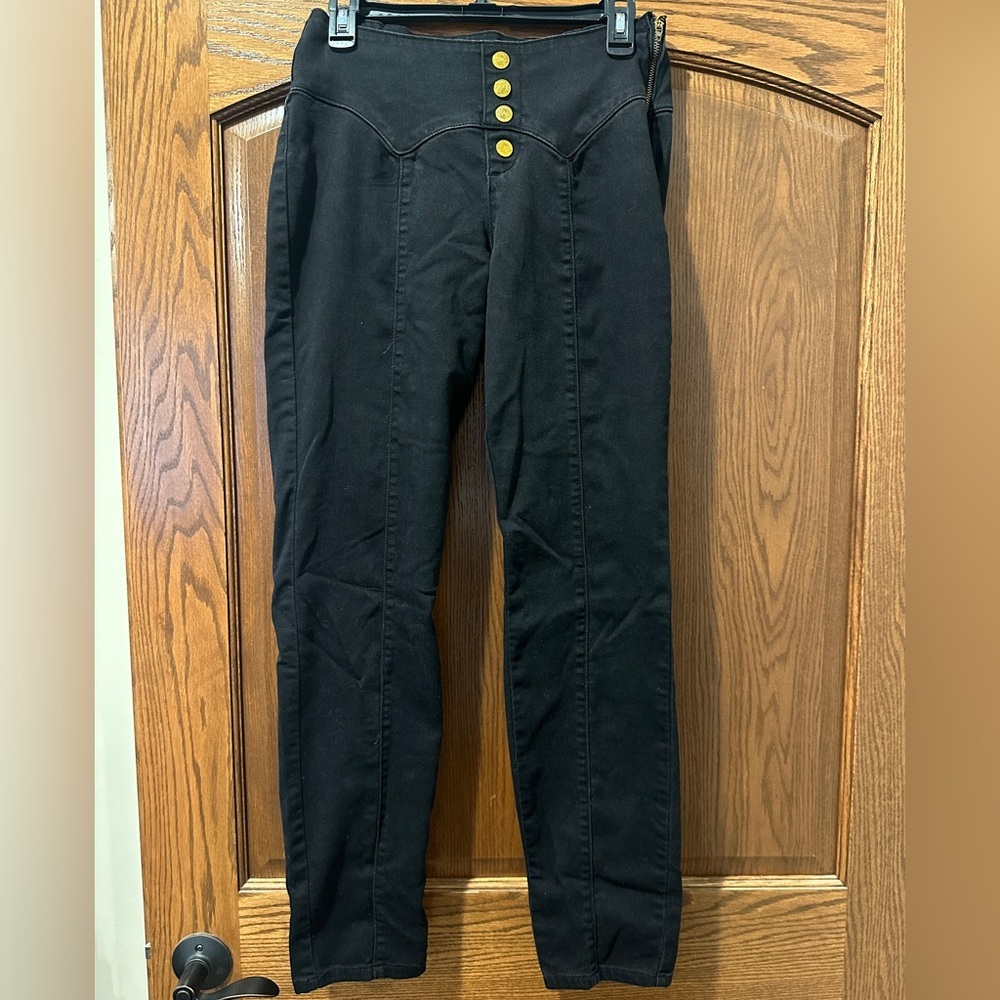 Nicki Minaj High Rise Skinny Pants Black Gold‎ Button Side Zip Women 7/8
